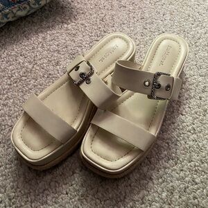 Neutral Cream Platform Slide Sandals with Buckle